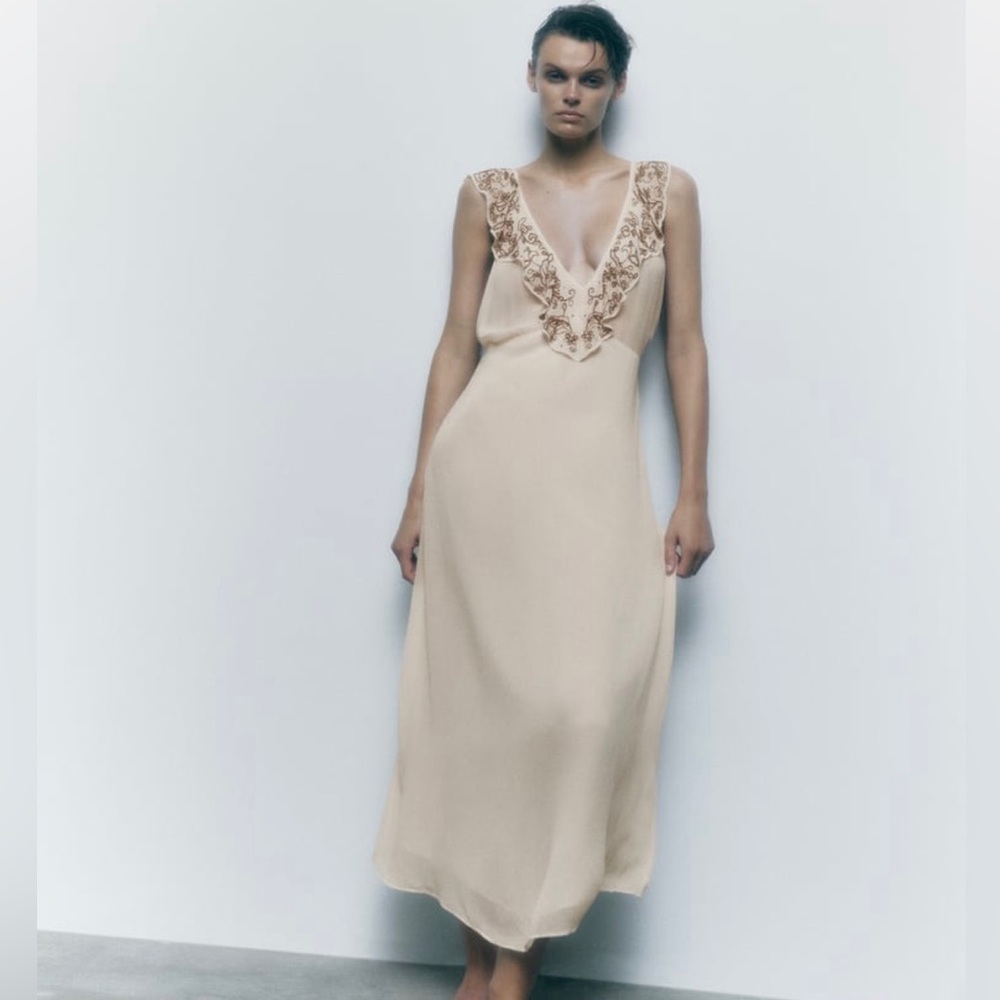 Zara NWT S embroidered maxi dress in cream color.  V-neck neckline